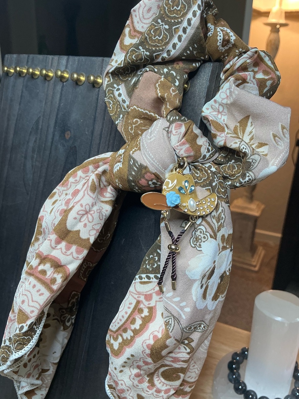 Scarf Scrunchie with Brown Cowgirl Hat Charm